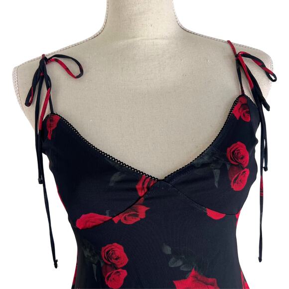 Bershka Rose Print Strappy Mini Dress Black Red Floral Y2K Romantic Going Out - Picture 5 of 10